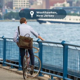 a man on a bike looking at a city skyline