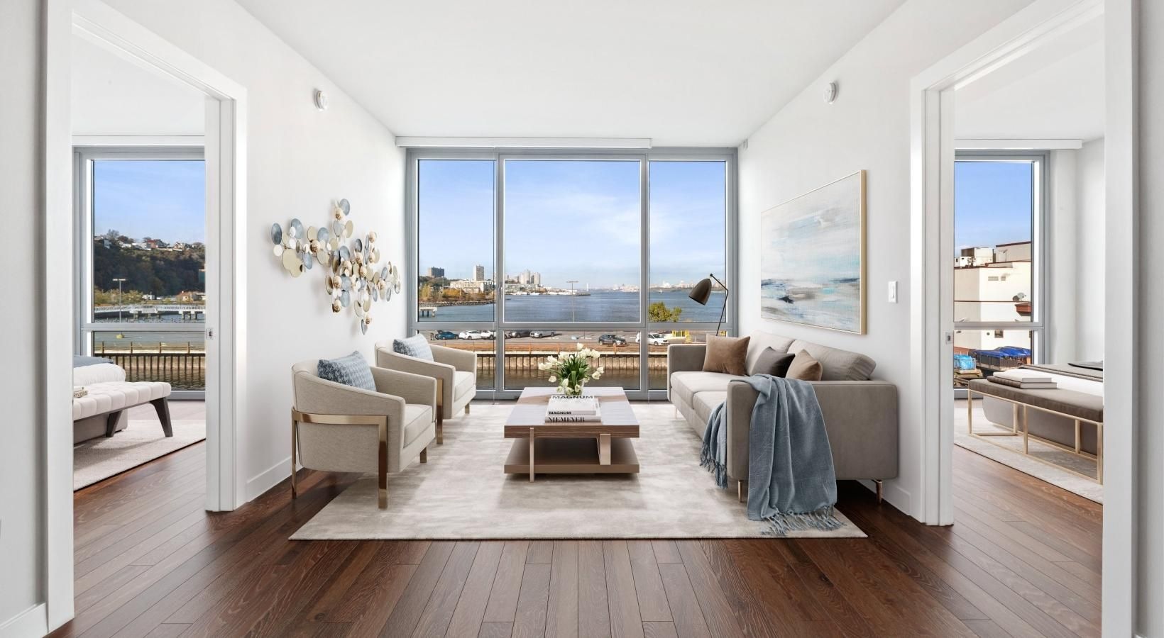 a living room with a large window