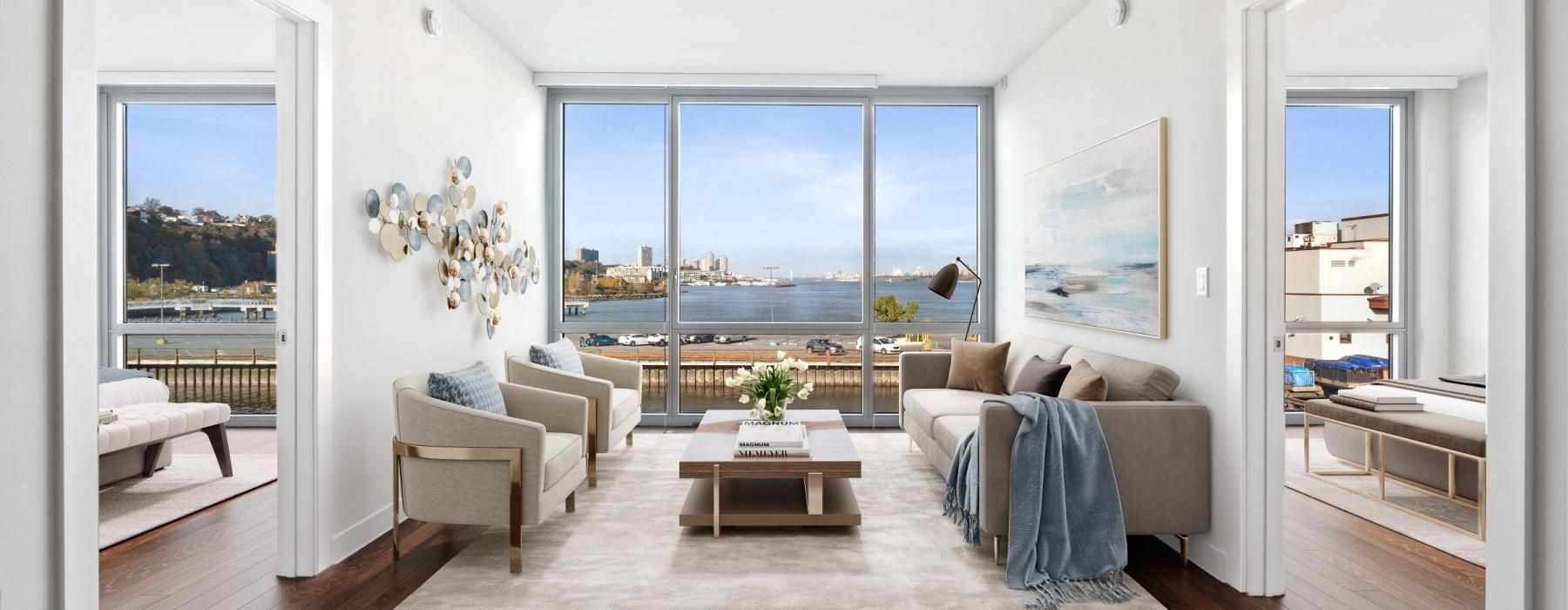 a living room with a large window