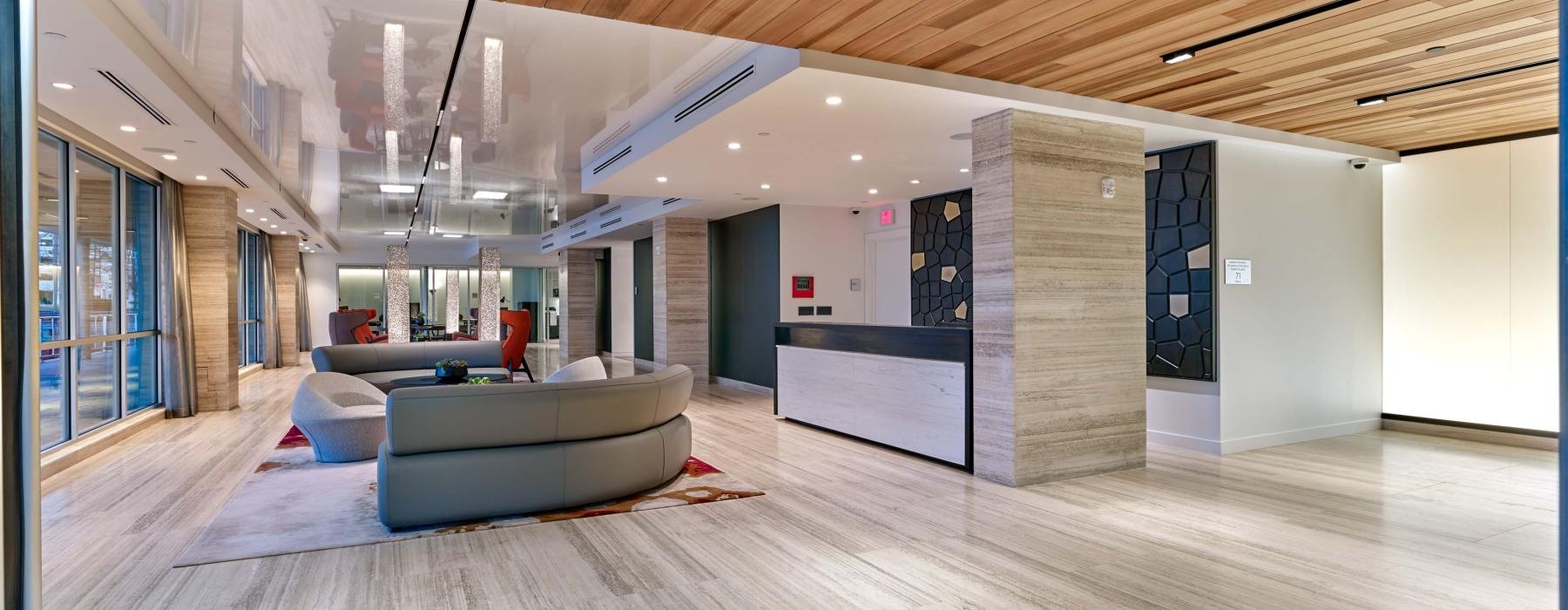 a large living room with a wood floor